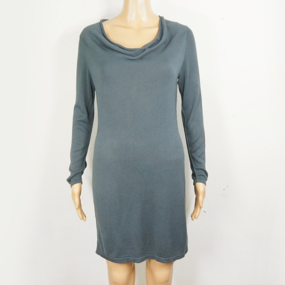 Vintage Y2K Escada Shlom Cowl Neck Oxford Blue Grey Long Sleeve Knit Mini Dress